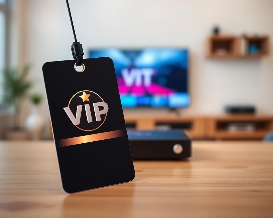 A VIP IPTV service subscription, displayed in a clean, modern design. The foreground features a sleek, minimalist VIP pass with a metallic emblem and subtle gradient accents, showcasing the premium nature of the service. The middle ground depicts a high-tech streaming device, such as a set-top box or dongle, hinting at the seamless integration and accessibility of the IPTV platform. The background is a soft, blurred depiction of a living room or home entertainment setup, suggesting the comfortable, hassle-free experience of using the VIP IPTV service. The overall mood is one of exclusivity, sophistication, and the convenience of cutting-edge home entertainment technology.
