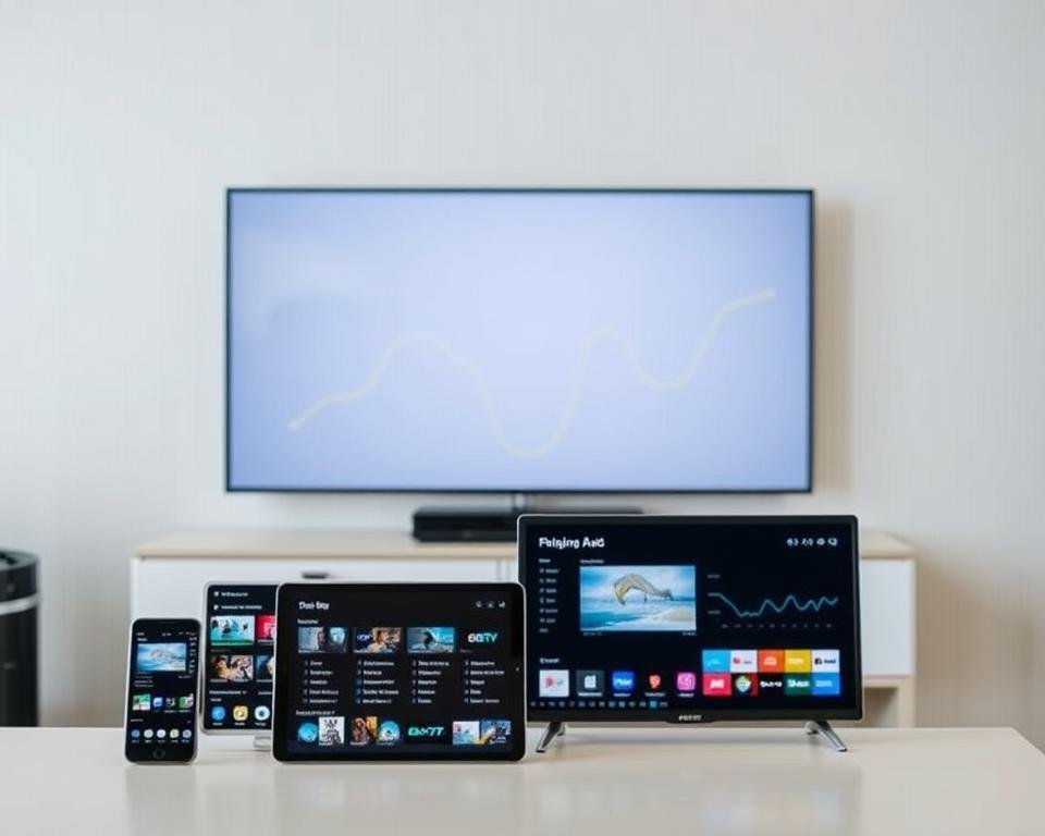 A comparative analysis of popular IPTV services, presented in a clean, modern layout. The foreground showcases three devices - a smartphone, a tablet, and a smart TV - each displaying a different IPTV platform's user interface. The middle ground features subtle line graphs and charts, visually highlighting the key differences in features, pricing, and performance between the services. The background maintains a neutral, professional tone with a subtle gradient or textured wallpaper, allowing the devices and data visualizations to take center stage. The lighting is soft and evenly distributed, creating a calm, informative atmosphere. The camera angle is slightly elevated, providing an overview of the comparative layout while maintaining a balanced, symmetrical composition.