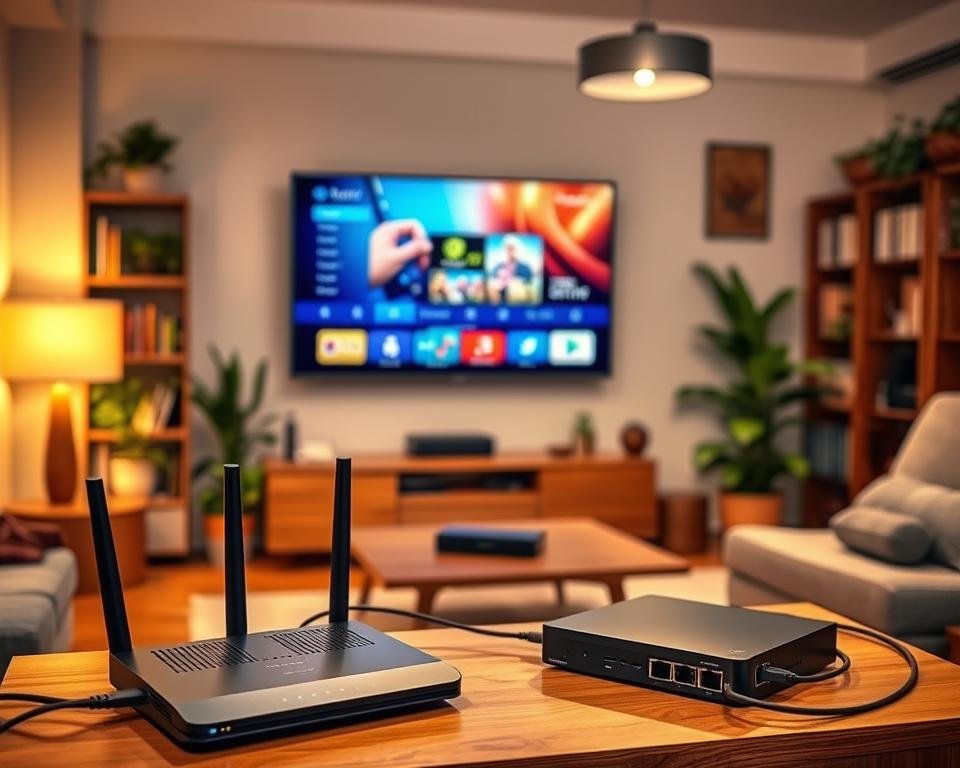 A cozy home network setup, showcasing an IPTV system in a well-lit living room. In the foreground, a sleek router and network switch stand atop a wooden cabinet, their indicator lights softly glowing. Cables snake neatly along the walls, connecting the router to a streaming device and a smart TV mounted on the wall. The middle ground features the TV displaying a high-definition IPTV interface, with vivid colors and crisp imagery. In the background, bookshelves and houseplants create a warm, inviting atmosphere, hinting at the homeowner's refined tastes. Warm, diffused lighting from floor lamps and ceiling fixtures creates a welcoming ambiance, perfectly suited for enjoying the latest IPTV content.