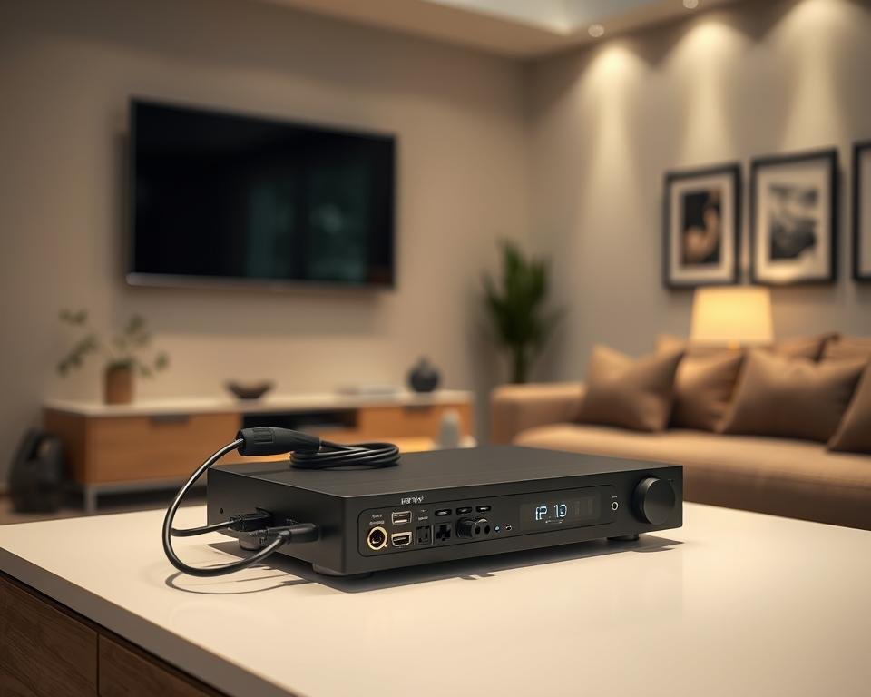 A cozy living room interior with a flat-screen television mounted on the wall. In the foreground, a sleek, modern media console houses a high-end IPTV set-top box with various cables and connections. Soft, indirect lighting illuminates the scene, creating a warm, inviting atmosphere. The middle ground features a plush, comfortable sofa and a coffee table, suggesting a space for relaxation and entertainment. In the background, subtle decorative elements, such as framed artwork or potted plants, add to the refined, welcoming ambiance of the room.