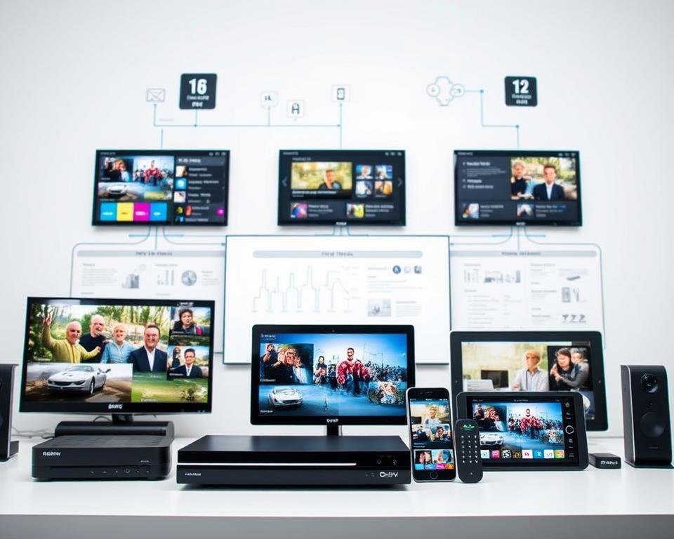 A detailed comparison of IPTV services, showcasing their key features and capabilities. The foreground depicts various IPTV devices, such as set-top boxes, smartphones, and tablets, each displaying different content. The middle ground features a sleek, modern interface with intuitive controls, highlighting the user experience. The background subtly incorporates technical elements like network diagrams and data visualizations, conveying the underlying infrastructure that powers IPTV. The overall scene is captured in a clean, minimalist style with soft, neutral lighting, evoking a sense of professionalism and expertise. The image aims to convey the essential criteria for an effective IPTV evaluation, emphasizing the importance of technical performance, user experience, and comprehensive analysis.