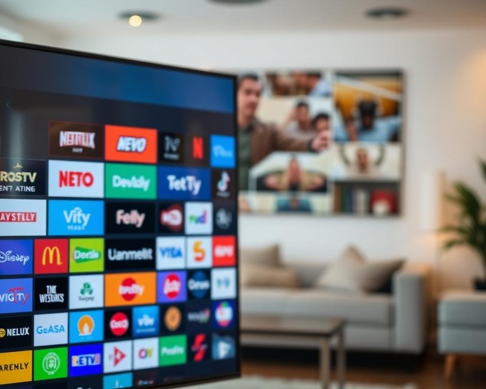 A diverse collection of IPTV channels presented on a sleek, modern smart TV interface. The foreground displays a grid of colorful channel logos, crisp and vibrant, inviting the viewer to explore the wide-ranging content. The middle ground showcases the smart TV's elegant user interface, with clean lines and intuitive navigation controls. In the background, a softly blurred scene of a cozy living room sets the mood, hinting at the seamless integration of IPTV technology into the home entertainment experience. Warm, natural lighting illuminates the scene, creating a sense of comfort and accessibility. The overall composition conveys the abundance of entertainment options and the effortless integration of IPTV into the smart TV ecosystem.