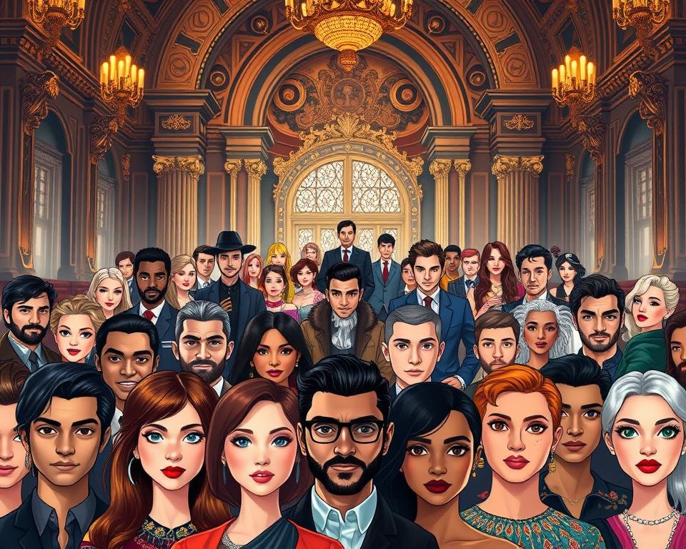 A group of diverse user profiles rendered in a majestic, regal style. The foreground features close-up, highly detailed headshots of users with distinct personalities, ethnicities, and ages, exuding a sense of individuality and humanity. The middle ground showcases full-body character illustrations, each with a unique pose and style of dress, conveying a sense of the varied user base. The background is a grandiose, ornate setting with intricate architectural elements and dramatic lighting, creating an air of prestige and exclusivity. The overall scene projects an impression of a premium, discerning streaming service catering to a sophisticated, cosmopolitan audience.