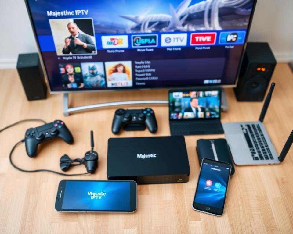 A high-angle shot showcasing an assortment of modern media devices compatible with the Majestic IPTV service. In the foreground, a sleek smart TV, streaming box, and smartphone are arranged neatly, their screens displaying the Majestic IPTV interface. The middle ground features a gaming console and tablet, while the background showcases a laptop and wireless router, all connected and ready to access the Majestic IPTV content. The devices are bathed in warm, inviting lighting, conveying the ease and versatility of the Majestic IPTV experience across a range of platforms. The overall composition highlights the comprehensive device compatibility of the service.