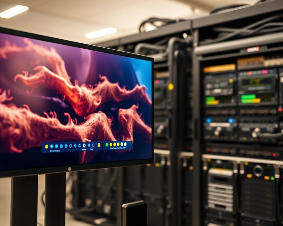 A high-definition (HD) image showcasing the technical quality and performance of the Majestic-IPTV streaming service. The foreground features a digital display panel with vibrant, crystal-clear video playback, showcasing the exceptional video fidelity and bitrate. The middle ground depicts a user interface with intuitive controls and seamless navigation, highlighting the service's user-friendly design. The background offers a glimpse of the underlying server infrastructure, with sleek, state-of-the-art hardware components, conveying the robust technical foundation that powers the streaming experience. The overall scene is bathed in a warm, ambient lighting that creates a sense of professionalism and reliability, reflecting the premium quality of the Majestic-IPTV service.