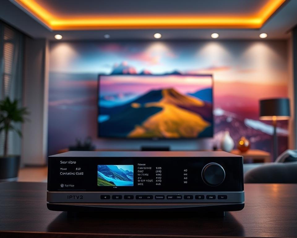 A high-definition IPTV service experience, showcasing a vibrant and immersive visual landscape. In the foreground, a sleek and modern media player interface displays crystal-clear video quality, with rich colors and sharp details. The middle ground features a living room setting, with a large, high-resolution television screen showcasing the IPTV content in stunning 4K clarity. The background incorporates a subtle, ambient lighting scheme, creating a warm and inviting atmosphere. The scene is captured with a wide-angle lens, emphasizing the scale and grandeur of the visual experience. The overall mood is one of sophistication, technological prowess, and the seamless integration of cutting-edge IPTV technology into the modern home environment.