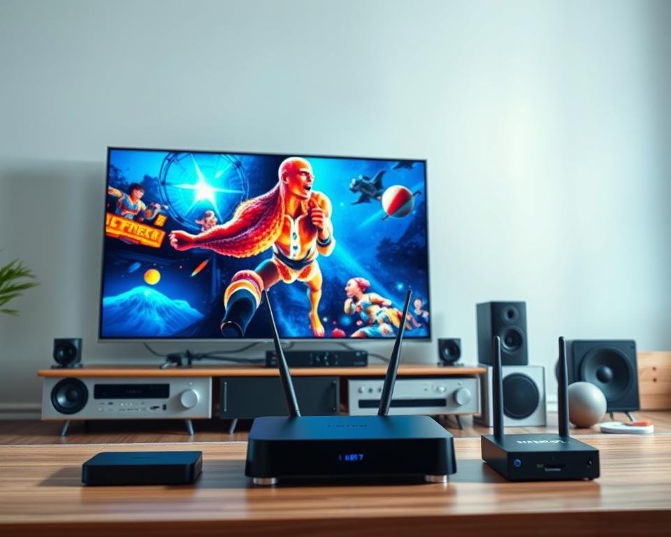 A high-definition, crystal-clear image depicting a streaming service performance evaluation. The foreground showcases a sleek, modern television screen displaying vibrant, lifelike visuals with exceptional clarity and sharpness. The middle ground features various technological devices such as a streaming box, a wireless router, and audio equipment, all arranged in a minimalist, clean-cut layout. The background is a softly-lit, neutral-toned setting, emphasizing the technical prowess and high-quality nature of the streaming experience. Subtle highlights and carefully-crafted lighting create depth and dimension, conveying a sense of professionalism and attention to detail. The overall atmosphere is one of sophistication, precision, and visual excellence, reflecting the technical performance and image quality of the IPTV service under evaluation.