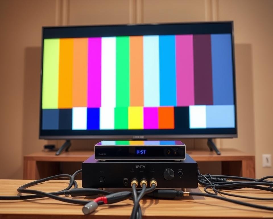A high-definition, ultra-realistic image of an IPTV testing environment. In the foreground, a sleek, modern television set displays a crisp, vibrant test pattern, the colors and lines precisely calibrated. On the television stand, a high-end streaming device sits, its clean, minimalist design complementing the overall aesthetic. In the middle ground, various cables and connectors are neatly organized, suggesting a professional, well-equipped setup. The background features a warm, neutral-toned wall, bathed in soft, directional lighting that creates a sense of depth and atmosphere. The overall scene conveys a sense of technological sophistication and attention to detail, perfectly suited for evaluating the performance of an IPTV service.