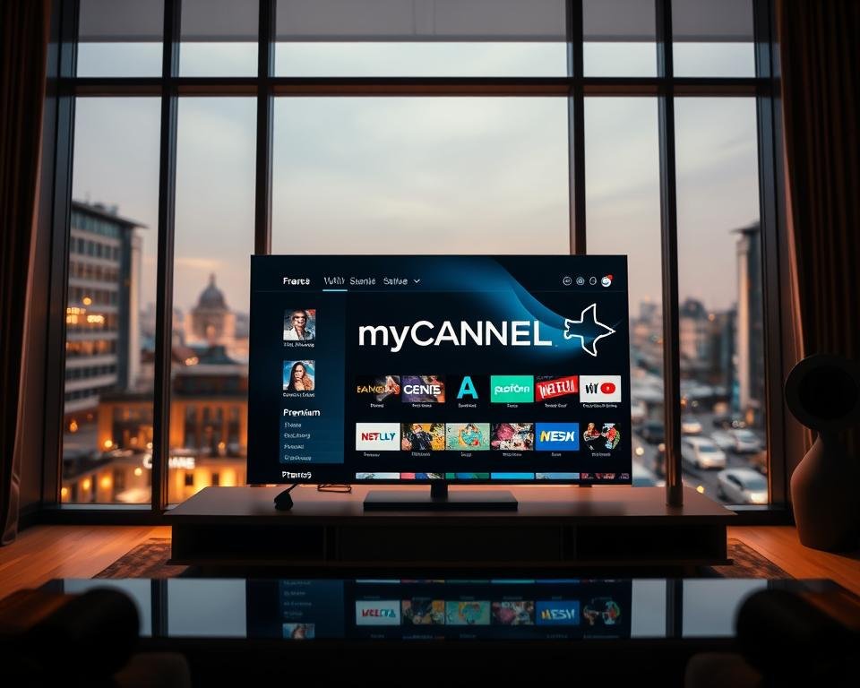 A high-end IPTV service displayed on a sleek, modern television screen. The myCANAL logo is prominently featured, surrounded by a premium interface showcasing a diverse array of content options. The screen is illuminated by warm, cinematic lighting, creating a sense of luxury and exclusivity. In the background, a blurred cityscape can be seen through large windows, hinting at the service's French origins. The overall composition conveys a feeling of sophistication and attention to detail, befitting a premium IPTV offering.