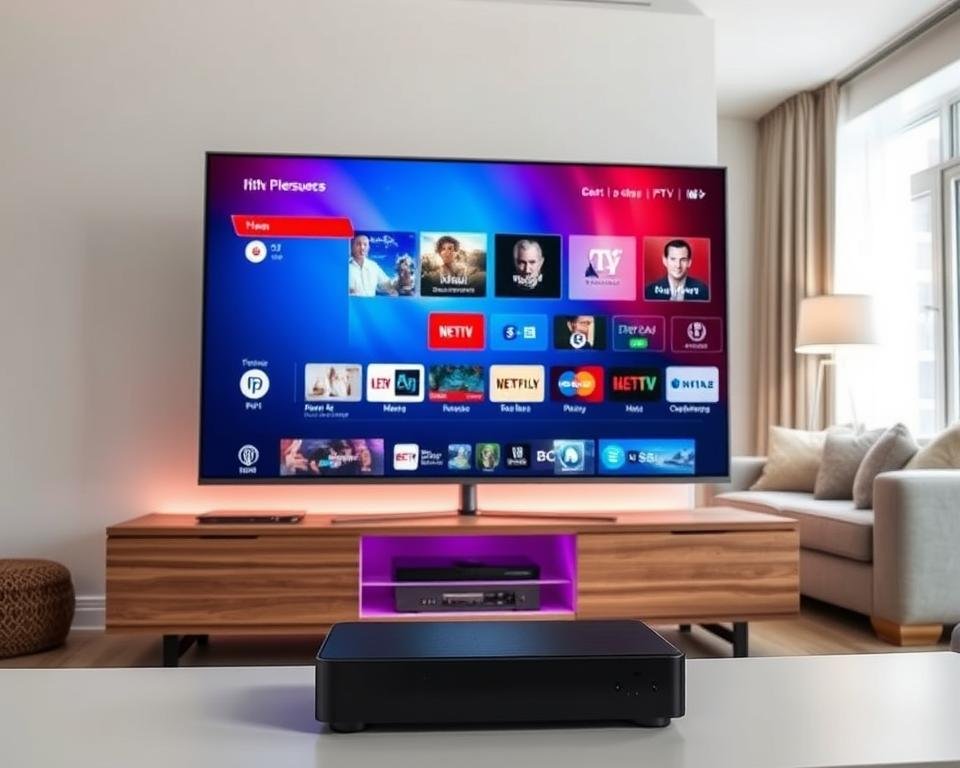 A high-end IPTV system displayed on a modern, minimalist living room setup. In the foreground, a sleek, flat-screen TV showcases a crisp, vibrant interface with various premium IPTV features and content options. The middle ground features a modern, wooden entertainment unit housing the IPTV device, surrounded by subtle ambient lighting. The background depicts a cozy, well-lit living space with large windows, allowing natural light to fill the room and create a warm, inviting atmosphere. The overall scene conveys a sense of advanced, seamless home entertainment, highlighting the premium experience of the IPTV system.