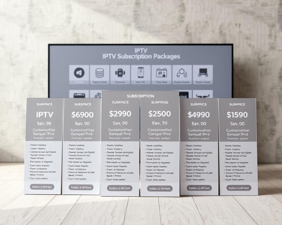 A high-quality, detailed image of various IPTV subscription packages and pricing options, presented in a clean, modern layout. The foreground should showcase the different subscription tiers, each with clear pricing, features, and duration information. The middle ground could include icons or graphics representing the service's content library, device compatibility, and customer support. The background should have a subtle, elegant texture or pattern that complements the overall aesthetic. Lighting should be soft and balanced, with a slight vignette effect to draw the viewer's attention to the central elements. The mood should convey a sense of professionalism, reliability, and value for money.