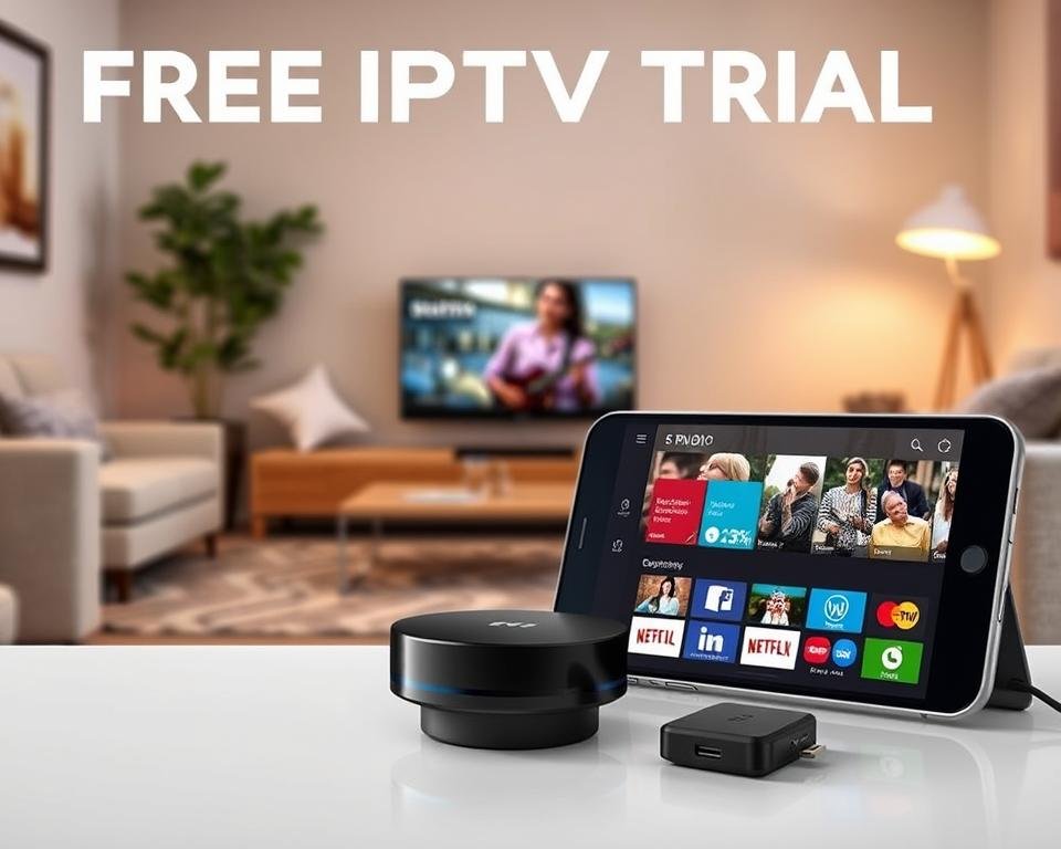 A high-quality image of a free IPTV trial offer, with a sleek and modern design. The foreground features a smartphone or tablet displaying the IPTV interface, showcasing a clean and intuitive user experience. The middle ground includes various streaming devices like a set-top box or dongle, emphasizing the versatility of the IPTV service. The background depicts a cozy, minimalist living room setting, creating a welcoming and inviting atmosphere. The lighting is soft and warm, enhancing the overall aesthetic. The composition is balanced and visually appealing, capturing the essence of a free IPTV trial in an aspirational yet realistic manner.
