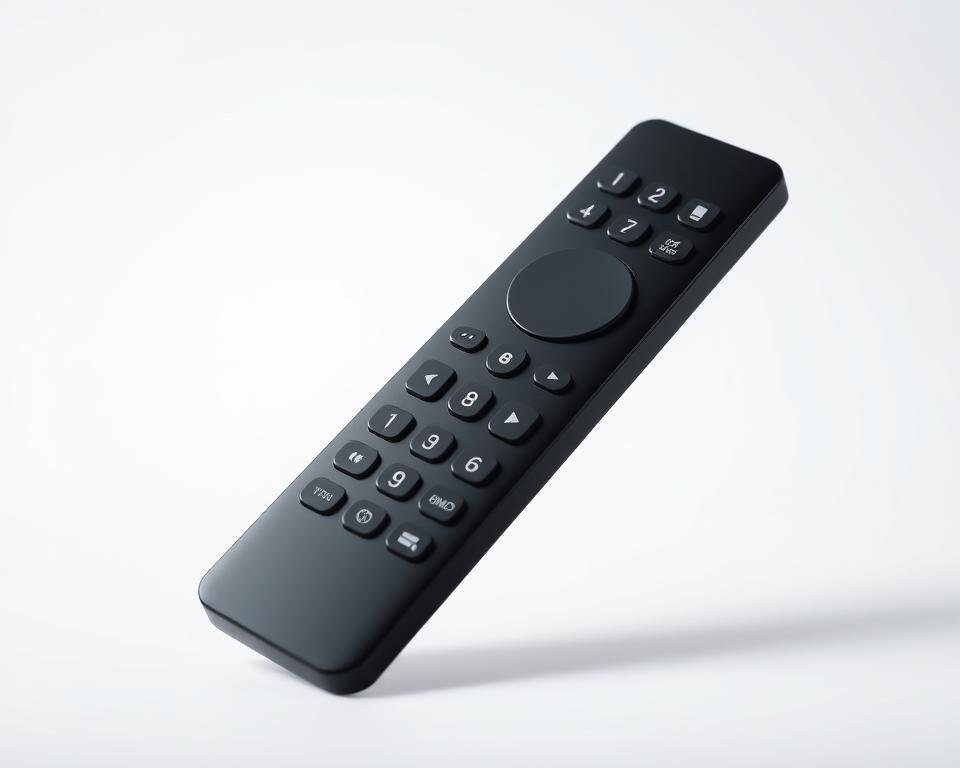 A high-quality image of a modern, sleek remote control with a minimalist design. The remote is shown against a clean, light background, with a subtle gradient or texture to provide depth and interest. The remote control has a glossy black finish, with clearly labeled buttons and a simple, intuitive layout. The lighting is soft and diffused, creating a sense of harmony and professionalism. The angle showcases the remote's elegant form and highlights its key features, such as the directional pad and media playback controls. The overall mood is one of sophistication and technological advancement, perfectly suited to illustrate the "TiviMate : options de test IPTV gratuit" section of the article.
