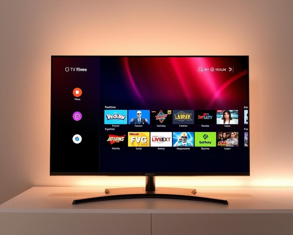 A high-quality image of "iptv gratuit" for an article on the best IPTV offers. The image should depict a modern, sleek television set with a minimalist design, displaying a vibrant on-screen interface showcasing various IPTV channels and content. The television should be placed on a clean, uncluttered surface, with a subtle, warm lighting illuminating the scene. The overall atmosphere should convey a sense of simplicity, accessibility, and the wide range of entertainment options available through free IPTV services.