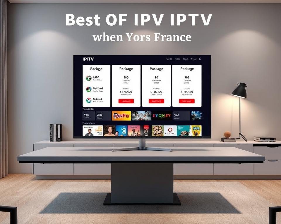 A high-quality, photorealistic image of an IPTV subscription service featuring various package options and pricing tiers. The scene is set in a modern, minimalist office environment, with a sleek desk and a large, high-resolution monitor displaying the IPTV service's user interface. The monitor is positioned in the foreground, and the background features a tasteful blend of neutral colors and subtle textures, creating a professional and aspirational atmosphere. The lighting is soft and diffused, highlighting the clean lines and digital interfaces. The overall composition and attention to detail convey the comprehensive and premium nature of the IPTV service, aligning with the guide's focus on the best VIP IPTV options for France.