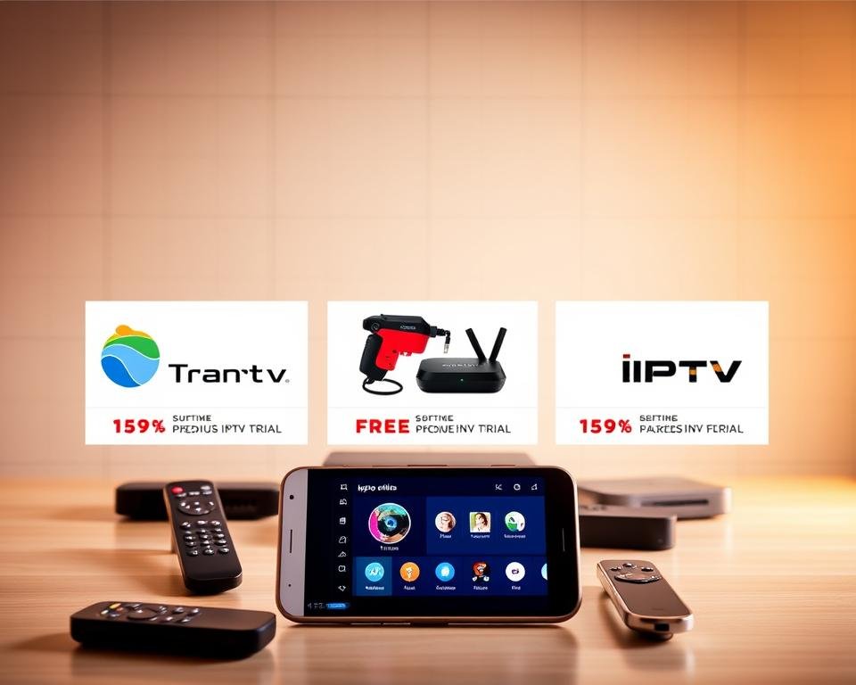A high-quality, professional-looking image showcasing five different IPTV service providers offering free trials. The foreground features a sleek, modern smartphone displaying the IPTV interface, surrounded by various remote controls, streaming devices, and networking equipment. The middle ground includes detailed product shots of the providers' logos, accompanied by subtle promotional text. The background blends a soft, neutral color palette with a subtle grid pattern, creating a clean, minimalist aesthetic. Warm, balanced lighting illuminates the scene, emphasizing the premium quality of the IPTV services. The overall composition conveys a sense of technology, connectivity, and the convenience of testing IPTV services without commitment.