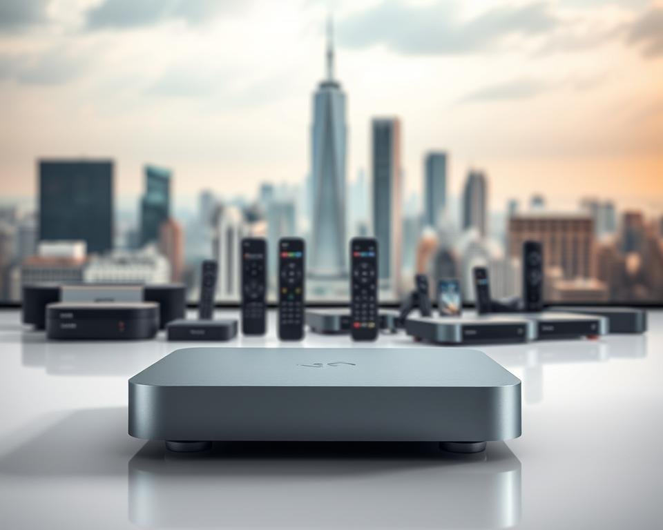 A high-quality, sleek IPTV device with a modern, minimalist design sits prominently in the foreground. The device is rendered in a cool, metallic silver tone with clean lines and a simple, elegant shape. In the middle ground, an array of various IPTV remote controls and streaming devices are displayed, showcasing the diverse ecosystem of IPTV solutions. The background features a subtly blurred cityscape, hinting at the global reach and connectivity of IPTV technology. The overall scene is bathed in a soft, indirect lighting, creating a sense of sophistication and professionalism, in line with the "premium" nature of the PrimeStream IPTV service.