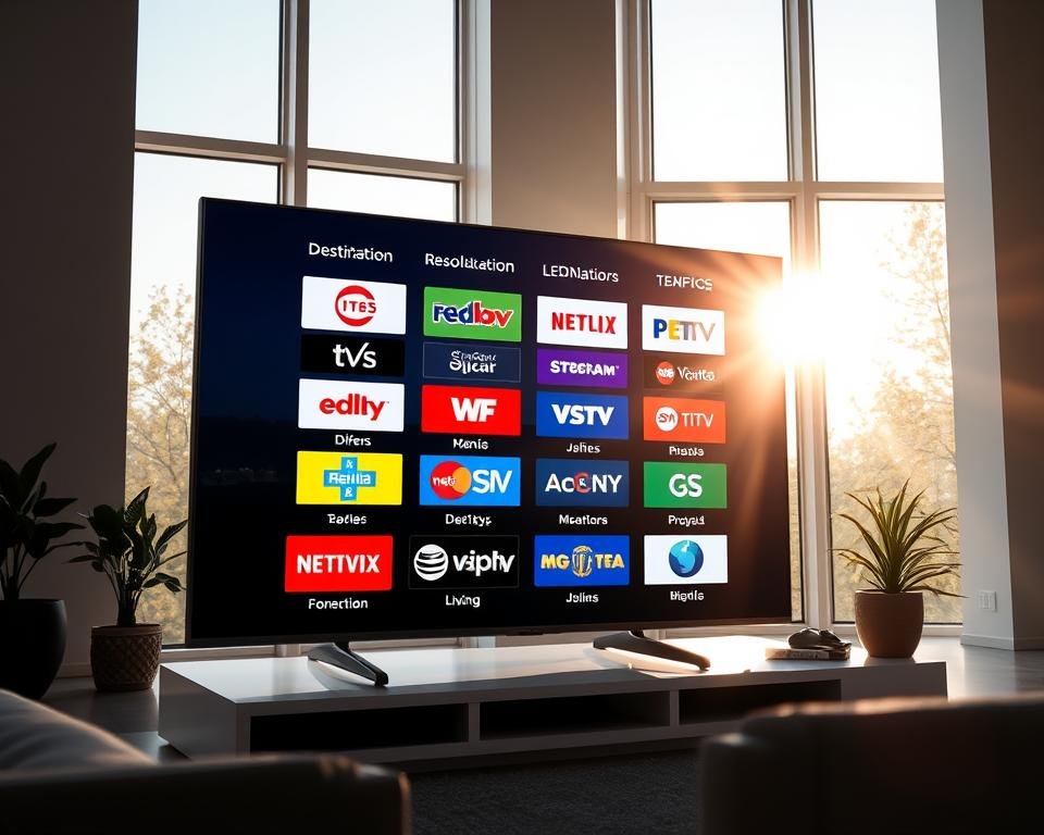 A high-resolution display of various IPTV channel streams, showcasing their crisp visuals and vibrant colors. The scene depicts a sleek, modern television set surrounded by a minimalist, tech-inspired environment. Sunlight filters in through large windows, creating a warm, inviting atmosphere. The image prominently features the channel titles and logos, highlighting the impressive resolution and stability of the IPTV service. The overall composition conveys a sense of quality, reliability, and the premium experience that the IPTV service offers.