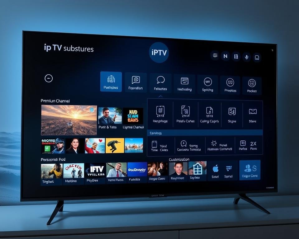 A high-tech Smart TV interface displaying a sophisticated IPTV subscription menu, showcasing a range of advanced features and customization options. The screen is bathed in a cool, futuristic glow, with sleek icons and intuitive navigation controls. In the foreground, a cursor hovers over a selection of premium channel packages, each with vivid imagery and detailed information. The middle ground features an array of personalization tools, allowing the user to tailor the experience to their preferences. The background is a minimalist, geometric landscape, suggesting the modern, digital nature of the IPTV service. The overall atmosphere is one of cutting-edge technology, convenience, and the seamless integration of entertainment and smart home capabilities.