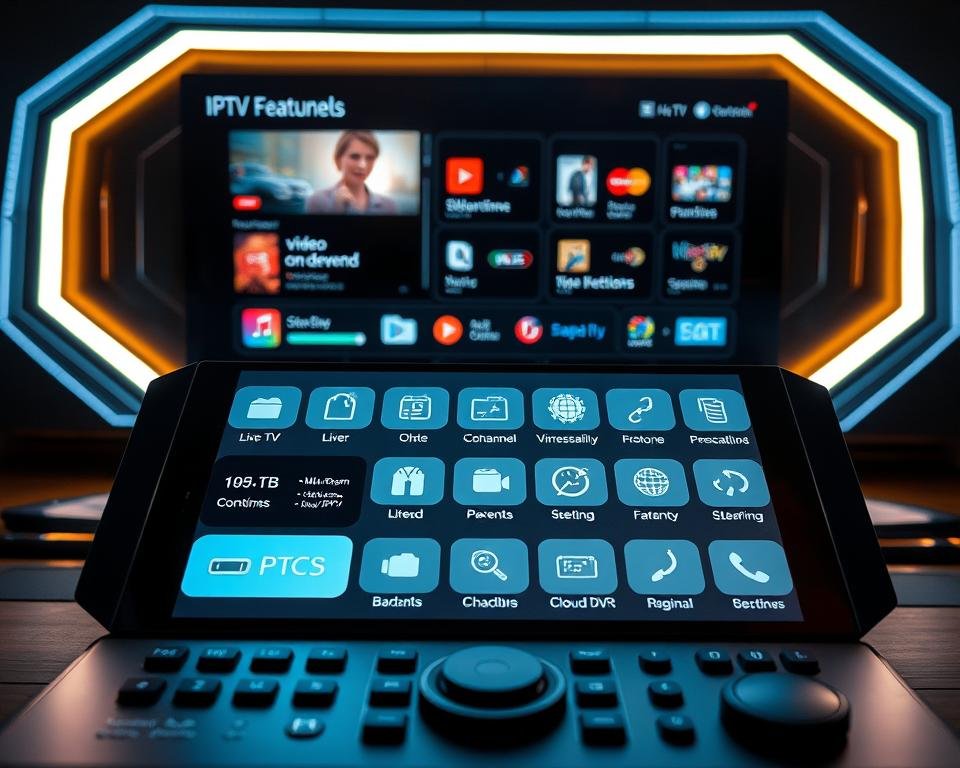 A high-tech control panel displaying various IPTV features and capabilities. In the foreground, a sleek and intuitive user interface showcases live TV channels, video-on-demand, and personalized recommendations. The middle ground features an array of icons and controls for advanced functions such as parental controls, multi-room streaming, and cloud DVR. The background is illuminated by a futuristic glow, creating a sense of depth and sophistication. The overall composition conveys the power and versatility of the IPTV system, ready to deliver a premium viewing experience.