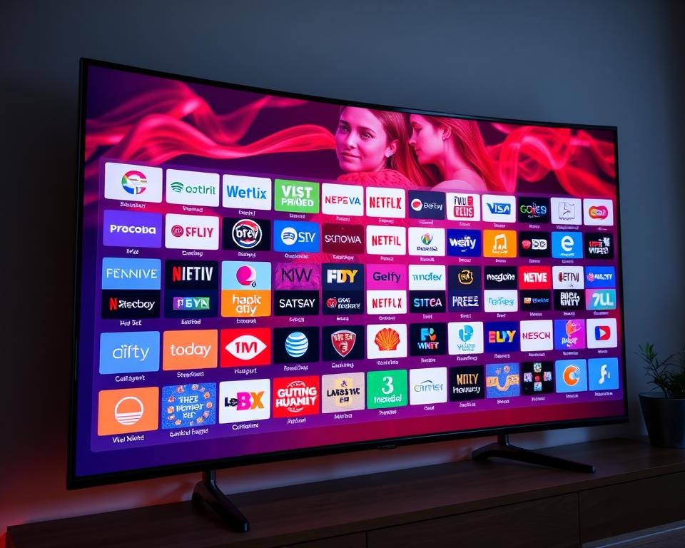 A live television channel grid displayed on a large curved OLED screen, with a sleek and modern design. The screen showcases a diverse array of channel logos and thumbnails, arranged in a visually appealing grid layout. The lighting is soft and diffused, creating a warm and inviting atmosphere. The angle is slightly angled, providing a dynamic and engaging perspective. The overall mood is one of technological sophistication and entertainment, reflecting the wide range of content available on the IPTV service. A live television channel grid displayed on a large curved OLED screen, with a sleek and modern design. The screen showcases a diverse array of channel logos and thumbnails, arranged in a visually appealing grid layout. The lighting is soft and diffused, creating a warm and inviting atmosphere. The angle is slightly angled, providing a dynamic and engaging perspective. The overall mood is one of technological sophistication and entertainment, reflecting the wide range of content available on the IPTV service.