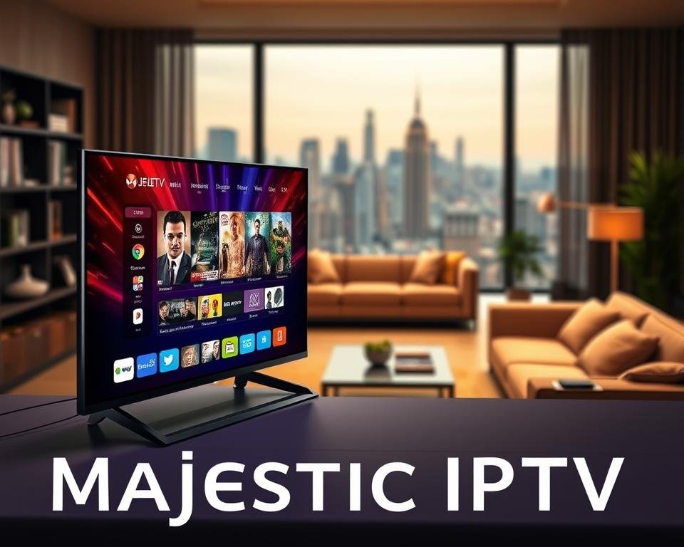 A majestic IPTV service prominently displayed in the foreground, its sleek and modern interface exuding a sense of sophistication. The screen displays vibrant, high-definition content, showcasing the service's impressive media capabilities. In the middle ground, a cozy living room setting with comfortable furniture and warm lighting, suggesting the ideal environment for enjoying the IPTV experience. The background features a cityscape, hinting at the global reach and accessibility of the service. The overall scene conveys a sense of luxury, convenience, and entertainment, capturing the essence of the "Majestic IPTV" offering. A majestic IPTV service prominently displayed in the foreground, its sleek and modern interface exuding a sense of sophistication. The screen displays vibrant, high-definition content, showcasing the service's impressive media capabilities. In the middle ground, a cozy living room setting with comfortable furniture and warm lighting, suggesting the ideal environment for enjoying the IPTV experience. The background features a cityscape, hinting at the global reach and accessibility of the service. The overall scene conveys a sense of luxury, convenience, and entertainment, capturing the essence of the "Majestic IPTV" offering.