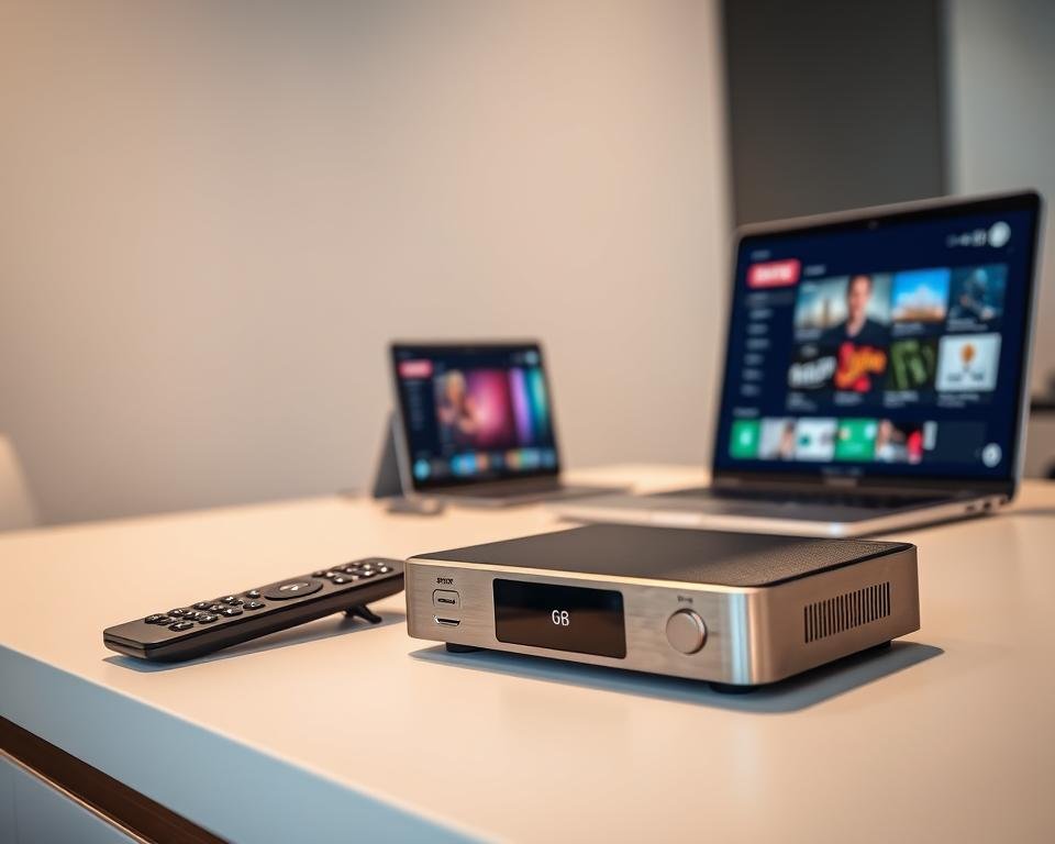 A meticulously crafted IPTV setup, prominently displayed on a sleek, minimalist desk. In the foreground, a state-of-the-art streaming device, its modern design and brushed metal finish exuding a sense of technical sophistication. Beside it, a high-quality remote control, its buttons and interfaces illuminated by a warm, indirect lighting. In the middle ground, a laptop or tablet, its screen displaying a rich, vibrant interface, showcasing the IPTV service's user experience. In the background, a clean, modern wall, with a subtle texture or pattern, creating a refined, professional atmosphere. The lighting is soft and balanced, casting gentle shadows that accentuate the clean lines and premium materials of the setup. An atmosphere of quality, precision, and technological prowess pervades the scene.
