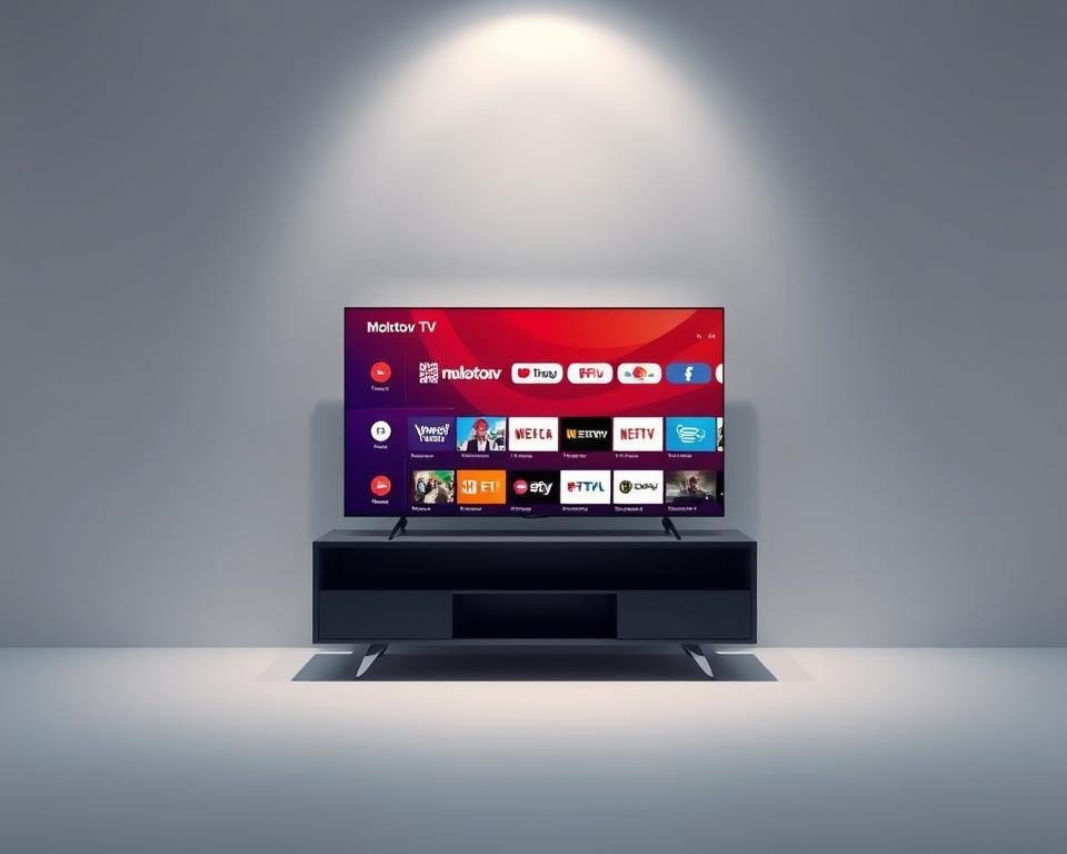 A minimalist yet striking image of the Molotov TV service, showcasing its user interface and content offerings. Set in a clean, well-lit studio environment with soft, diffused lighting creating a sleek, modern ambiance. The scene features a high-quality television display prominently in the center, presenting a vivid, colorful user interface for Molotov TV's streaming platform. The television is placed on a simple, elegant table or stand, allowing the screen to be the focal point. The background is a plain, neutral-colored wall, keeping the attention on the TV and creating a sense of simplicity and professionalism. The overall composition exudes a sense of quality, accessibility, and the seamless experience of using Molotov TV as a free IPTV service.