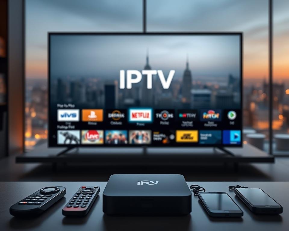 A modern IPTV service with a clean, minimalist interface showcasing various streaming channels and packages. The foreground features a sleek smart TV or set-top box displaying the IPTV service's logo and UI. The middle ground depicts an array of remote controls, mobile devices, and other connected devices used to access the IPTV service. The background is a softly blurred cityscape, suggesting the service's widespread availability and urban appeal. The overall atmosphere conveys a sense of technological sophistication, convenience, and the future of television consumption.