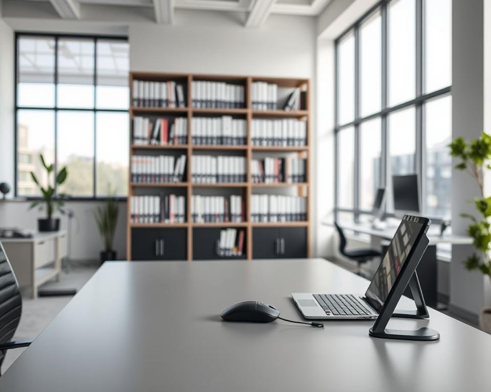 A modern and minimalist office workspace with a clean, professional aesthetic. In the foreground, a sleek grey desk with a laptop, mouse, and phone stand, all arranged neatly. In the middle ground, a tall bookshelf filled with technical manuals and reference materials, hinting at the focus on technology and knowledge. The background features large windows that let in abundant natural light, creating a bright and airy atmosphere. The overall scene conveys a sense of efficiency, productivity, and attention to detail, reflecting the reliable and cost-effective nature of the IPTV solution being showcased.