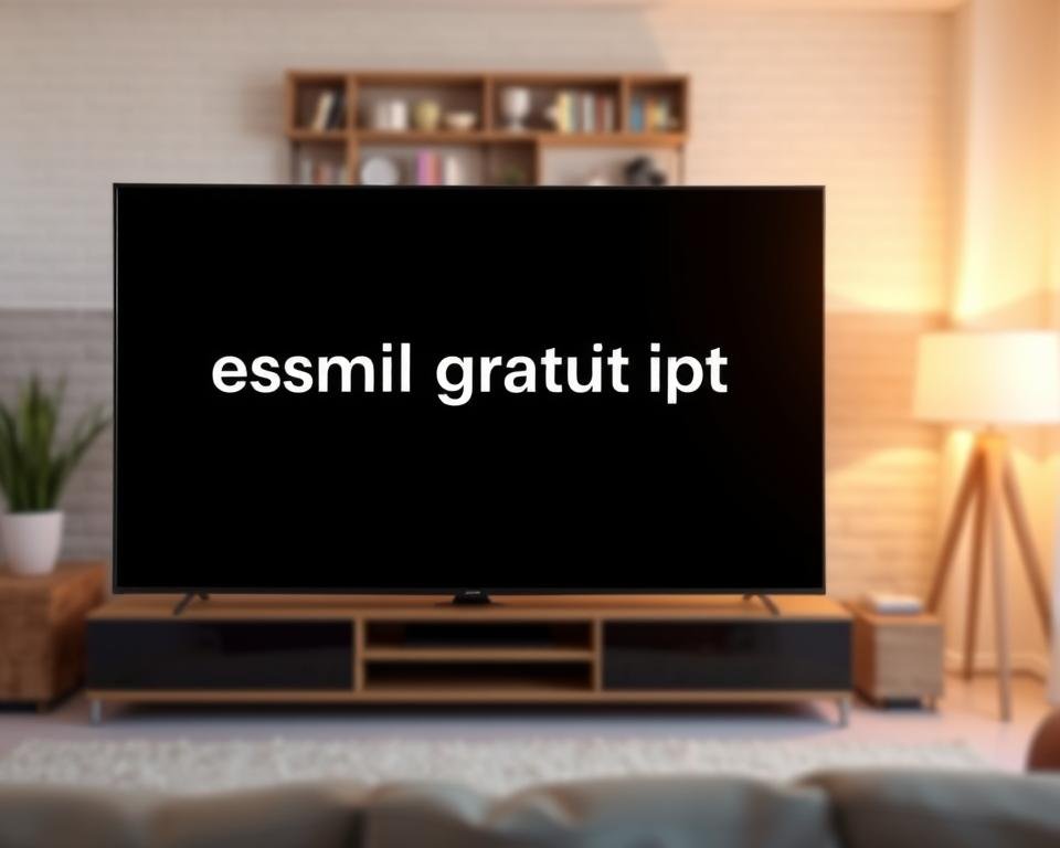 A modern and sleek interface depicting a smart TV or set-top box screen, prominently displaying the text "essai gratuit iptv" in a clean, easy-to-read font. The screen is set against a soft, blurred background of a living room or home entertainment setup, with subtle hints of furniture and decor to convey a cozy, inviting atmosphere. The lighting is warm and natural, creating a sense of comfort and approachability. The overall composition should feel visually balanced and well-designed, drawing the viewer's attention to the central "essai gratuit iptv" message.