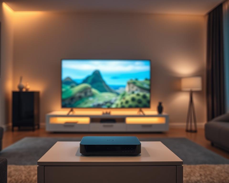 A modern, clean-lined interior with a sleek, minimalist entertainment setup. In the foreground, a state-of-the-art IPTV streaming device sits atop a minimalist media console, casting a soft glow. The middle ground features a large, high-definition television screen displaying crisp, vibrant IPTV content. The background is bathed in warm, indirect lighting, creating a cozy, inviting ambiance. The overall scene conveys the effortless convenience and superior visual quality of the IPTV Pure service.