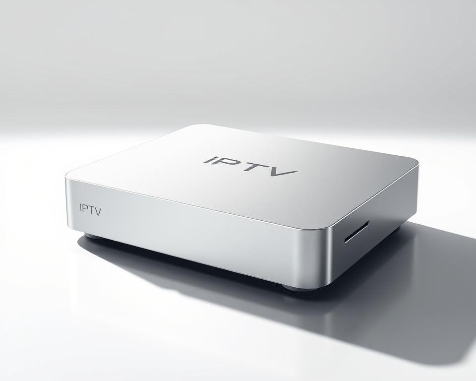 A modern, highly detailed illustration of an IPTV set-top box in a sleek, minimalist design. The device is shown from a low perspective, casting dynamic shadows on a smooth, reflective surface. The box is rendered in a range of metallic and matte finishes, with clean lines and subtle branding. The background is a soft, neutral gradient, allowing the IPTV hardware to take center stage. Lighting is bright and directional, creating a sense of depth and dimensionality. The overall mood is one of technical precision and high-end consumer electronics.
