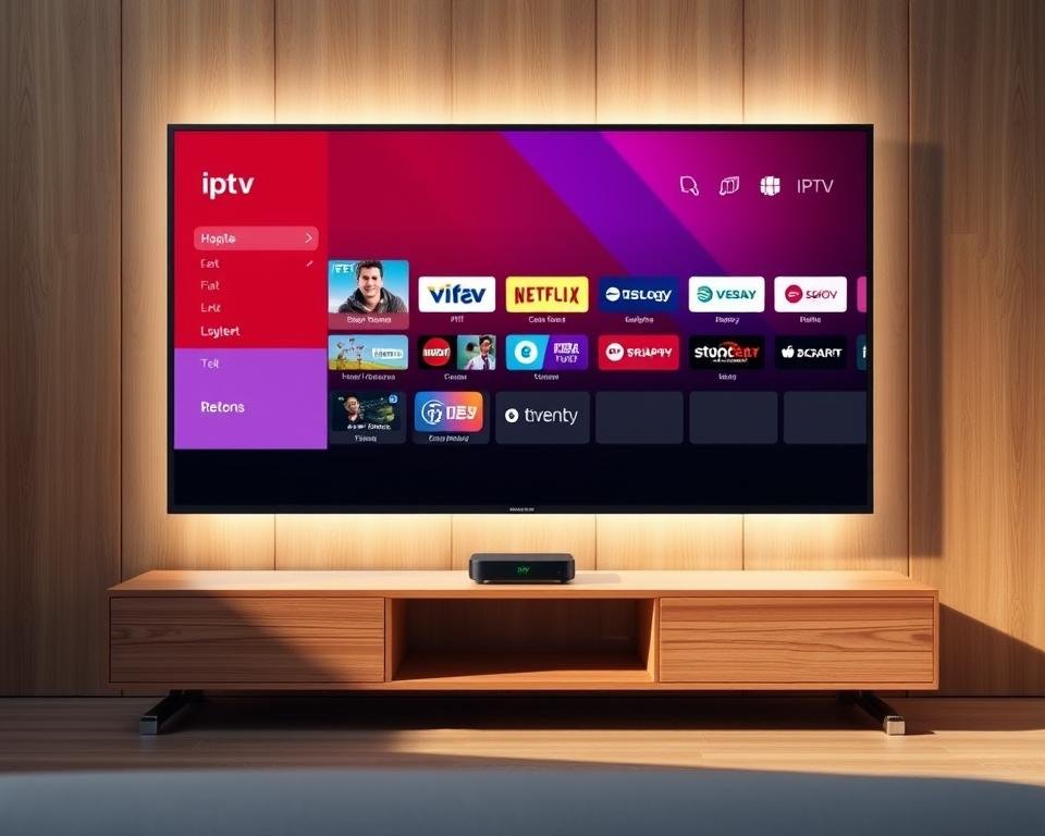A modern, minimalist TV display stands prominently in the foreground, its sleek black frame contrasting with a warm, natural wood-paneled background. The TV's screen displays a vibrant, colorful IPTV interface, showcasing a diverse selection of channels and content. In the middle ground, a simple, elegant entertainment unit houses the IPTV device, blending seamlessly with the overall aesthetic. Soft, diffused lighting illuminates the scene, creating a cozy, inviting atmosphere. The composition emphasizes the simplicity and affordability of this IPTV solution, making it an attractive alternative to traditional cable or satellite TV.