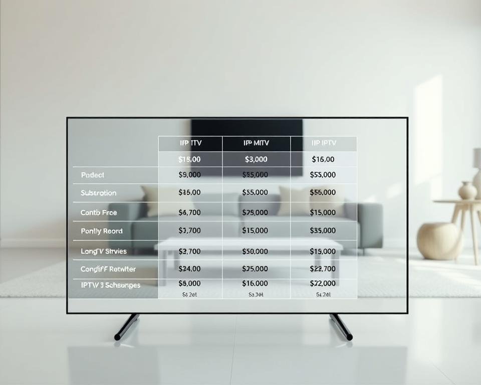 A modern, minimalist comparison of IPTV subscription plans and pricing. In the foreground, a sleek, transparent display panel shows various IPTV service options with their respective monthly fees, presented in a clean, organized layout. The middle ground features a minimalist living room setting, with a contemporary sofa and coffee table, creating a cozy yet professional ambiance. The background is a soft, neutral-toned wall, allowing the comparison display to take center stage. Soft, directional lighting illuminates the scene, creating depth and highlighting the key details. The overall mood is one of informative clarity, helping the viewer easily navigate and compare the IPTV offerings.