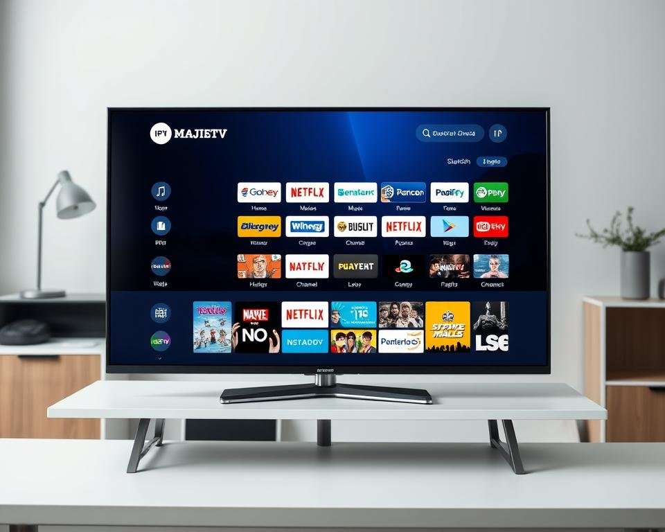 A modern, sleek flat-screen TV displaying the IPTV Majestic service interface, showcasing its user-friendly design and comprehensive channel selection. The screen is positioned on a minimal, white-toned desk against a blurred background of a stylish, minimalist home office setting. Soft, directional lighting illuminates the TV screen, creating a clean, professional atmosphere. The overall composition emphasizes the IPTV service's visual appeal and technological integration into a contemporary living space. A modern, sleek flat-screen TV displaying the IPTV Majestic service interface, showcasing its user-friendly design and comprehensive channel selection. The screen is positioned on a minimal, white-toned desk against a blurred background of a stylish, minimalist home office setting. Soft, directional lighting illuminates the TV screen, creating a clean, professional atmosphere. The overall composition emphasizes the IPTV service's visual appeal and technological integration into a contemporary living space.