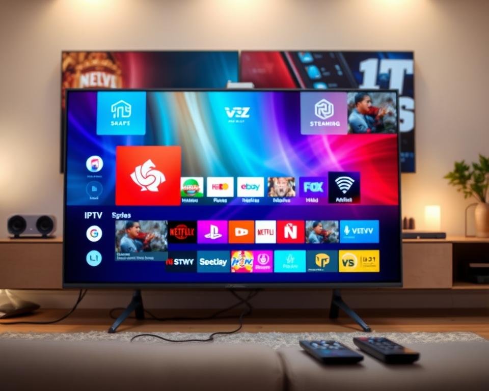 A modern smart TV against a backdrop of streaming platforms and digital entertainment. In the foreground, a sleek TV set showcases a vibrant IPTV interface, with various app icons and a dynamic on-screen display. The middle ground features cable connections, remote controls, and other smart home devices, all blending seamlessly into a minimalist, contemporary living room setting. The background is softly lit, with subtle lighting effects and a subtle gradient that evokes a sense of technology and connectivity. The overall scene conveys the convenience, accessibility, and advantages of an IPTV subscription for smart TV users.