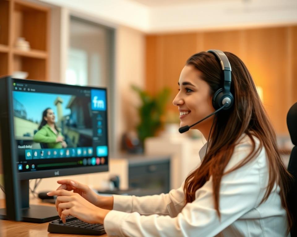 A professional customer service representative assisting a customer with a TV streaming service, using a headset and computer in a warm, welcoming office environment. The representative has a friendly, attentive expression, conveying a sense of competence and care. The background is softly blurred, keeping the focus on the central interaction. The lighting is gentle and natural, creating a calming, approachable atmosphere. The overall scene suggests a high-quality, personalized technical support experience.