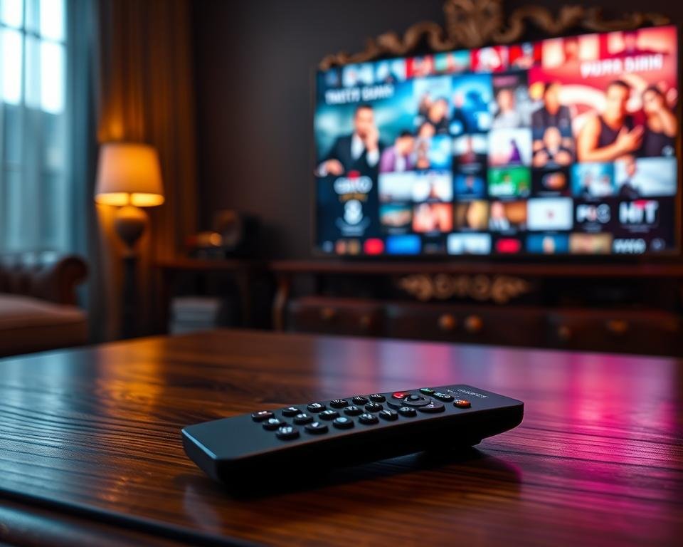 A serene, dimly lit interior space with a large, ornate television screen as the central focus. The screen displays a captivating array of colorful, high-definition video content, suggesting the capabilities of a premium IPTV service. In the foreground, a sleek, minimalist remote control lies on a polished, wooden coffee table, hinting at the ease of access and control. The background is softly blurred, creating a sense of depth and emphasizing the television as the visual centerpiece. Soft, warm lighting casts a cozy, inviting atmosphere, conveying the comfort and convenience of a seamless IPTV experience.