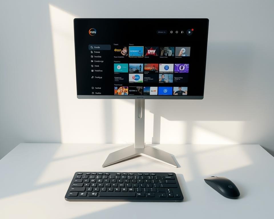 A serene, minimalist desktop setup showcasing an IPTV test interface. A sleek, modern monitor displays a clean user interface with easy-to-navigate menus and channel listings, bathed in a soft, natural lighting that creates a calming ambiance. The desk surface is uncluttered, with a wireless keyboard and mouse providing a seamless interaction. The overall scene conveys a sense of simplicity and user-friendliness, inviting the viewer to explore the capabilities of this IPTV service.
