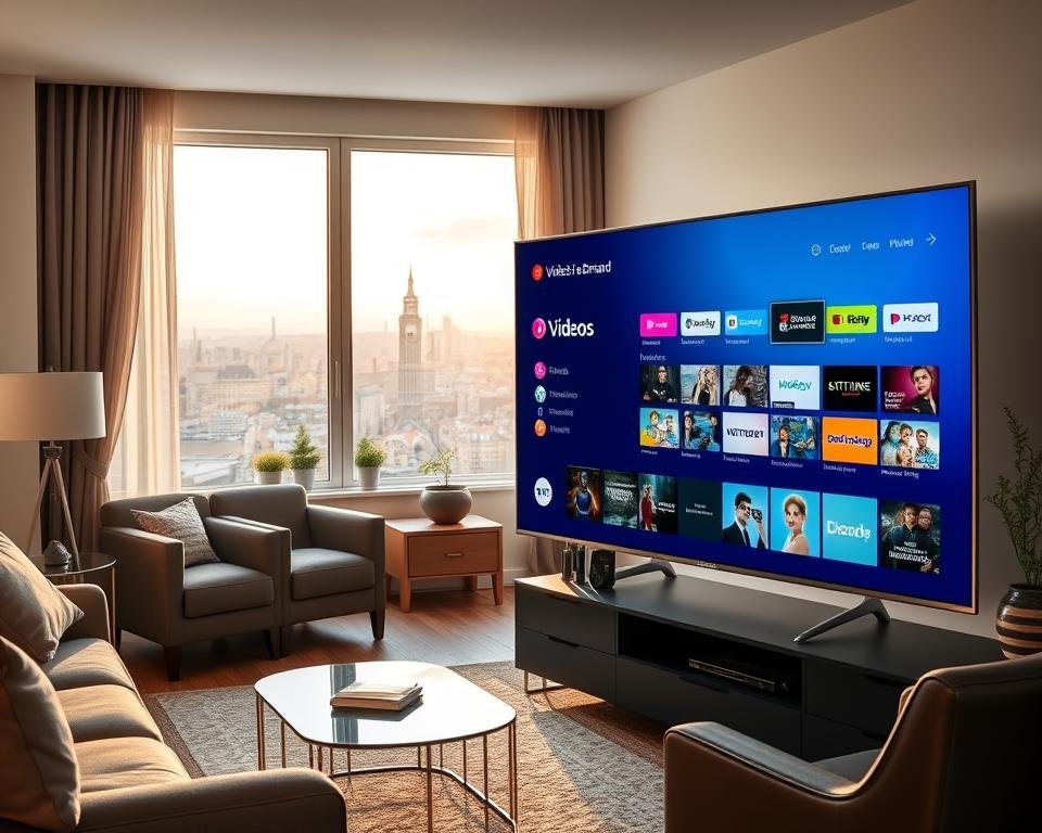 A serene, well-lit living room with a modern entertainment system. In the foreground, a sleek smart TV prominently displays the "Vidéos à la demande" interface, its vibrant colors and clean UI design inviting the viewer to explore a vast library of on-demand content. Surrounding the TV, elegant furniture and tasteful decor create a comfortable, cozy atmosphere. Through large windows in the middle ground, a picturesque cityscape is visible, bathed in warm, natural light. The overall scene conveys a sense of relaxation, convenience, and the promise of endless entertainment at the viewer's fingertips.
