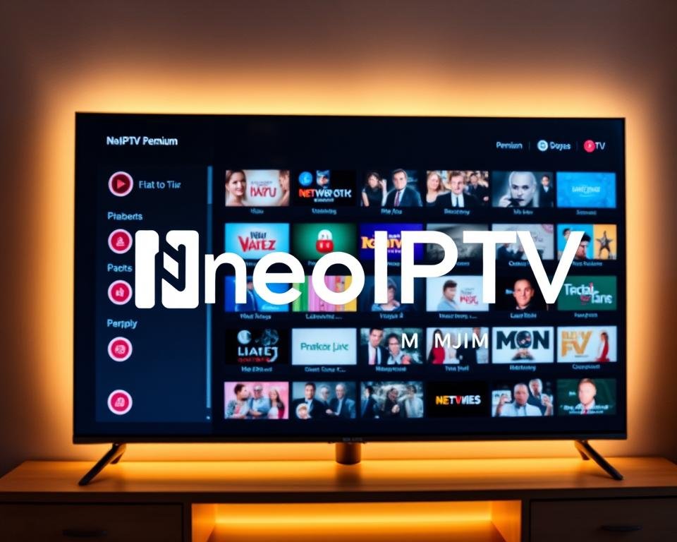 A sleek and modern-looking IPTV service interface displayed on a large, high-resolution screen. The NeoIPTV Premium logo is prominently featured, with a clean and minimalist design. The interface shows a grid of various TV channels and on-demand content, arranged in a visually appealing and intuitive layout. The screen is bathed in a soft, warm lighting, creating a cozy and inviting atmosphere. The background is slightly blurred, putting the focus on the IPTV interface. The overall aesthetic is sophisticated, elegant, and reflects the premium nature of the service.