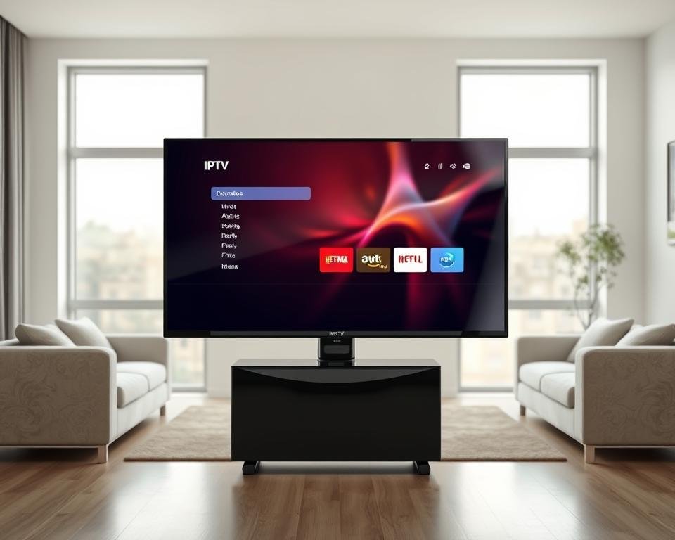 A sleek and modern smart TV, its screen displaying a seamless IPTV interface. The TV stands prominently in the center, its glossy black exterior reflecting the soft lighting of the room. In the background, a minimalist living room setting with neutral-toned furniture and a large window, allowing natural light to filter in. The scene conveys a sense of technological integration and user-friendly connectivity, highlighting the compatibility between IPTV and the featured smart TV model.