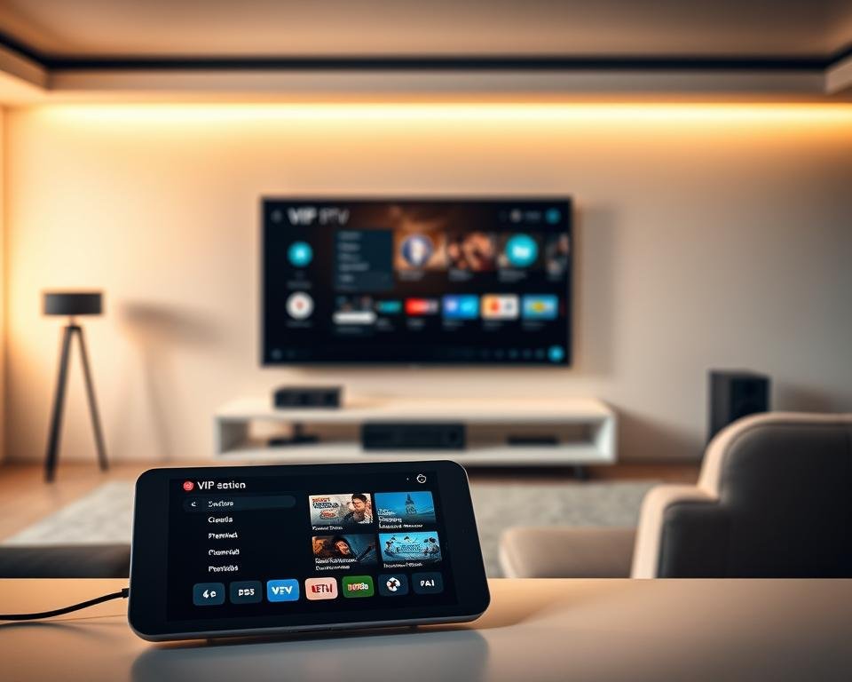 A sleek, high-tech VIP IPTV service against a clean, modern backdrop. In the foreground, a minimalist smart device displays the IPTV menu, showcasing its user-friendly interface and premium channel selection. The middle ground features an elegant, futuristic home entertainment setup with a large, curved display and discrete audio equipment. The background is a softly lit, sophisticated living space with neutral tones and minimalist decor, conveying a sense of luxury and exclusivity. Warm, directional lighting illuminates the scene, creating depth and highlighting the premium quality of the IPTV service. The overall composition and atmosphere suggest a premium, tailored IPTV experience for discerning French users.