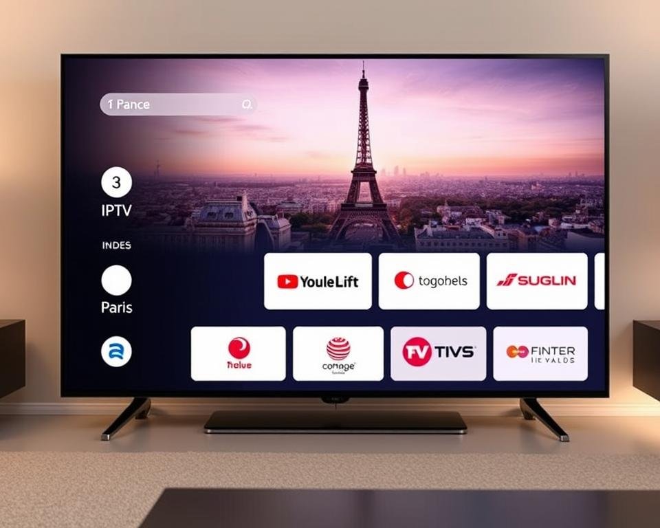 A sleek, modern IPTV interface with a minimalist French design aesthetic. The foreground features a clean grid layout displaying various IPTV service logos and icons, with a focus on the top 5 providers in France. The middle ground showcases a large, high-definition television screen displaying a selection of popular French TV channels. The background has a subtle, out-of-focus cityscape of Paris, with the Eiffel Tower visible in the distance, conveying a sense of French culture and sophistication. The lighting is soft and warm, creating a inviting and premium atmosphere. The overall composition is balanced and visually striking, reflecting the article's subject of the best IPTV offerings in France.
