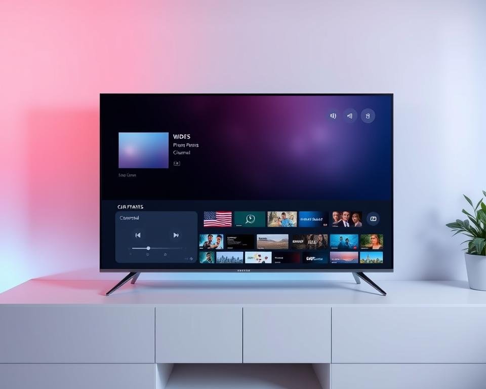 A sleek, modern IPTV user interface with a clean, minimalist design. The foreground features a large, high-definition video player with a simple playback controls overlay. The middle ground showcases a grid of neatly organized channel icons and program thumbnails, allowing for easy navigation. The background subtly blends soft gradients in soothing colors, creating a calming and immersive visual experience. Subtle lighting and camera angles emphasize the interface's intuitive layout and premium aesthetic, capturing the essence of a premium IPTV service.