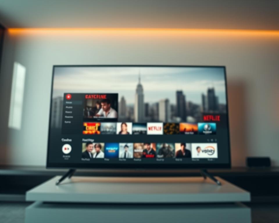 A sleek, modern application interface showcasing the OTT Navigator IPTV platform. In the foreground, a high-resolution display presents a clean, intuitive layout with intuitive icons and menus. The middle ground features a range of content thumbnails, highlighting the diverse entertainment options available. In the background, a subtle gradient or blurred cityscape creates a sense of depth and sophistication. The lighting is soft and natural, casting a warm glow over the entire scene. The camera angle is slightly elevated, providing an immersive, user-centric perspective. The overall tone is one of elegance, simplicity, and technological prowess, reflecting the application's ability to seamlessly deliver a premium IPTV experience across multiple devices.