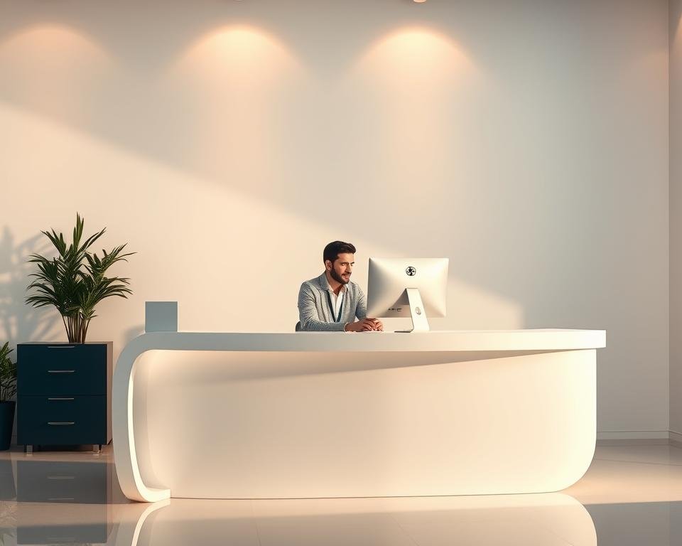 A sleek, modern customer support desk set against a clean, minimalist office backdrop. The agent is seated at the desk, intently focused on a computer screen, ready to assist a customer with IPTV troubleshooting. Warm, directional lighting from above highlights the agent's professional demeanor and the elegant lines of the desk. The overall scene conveys a sense of efficiency, reliability, and dedication to providing high-quality technical support for IPTV services.
