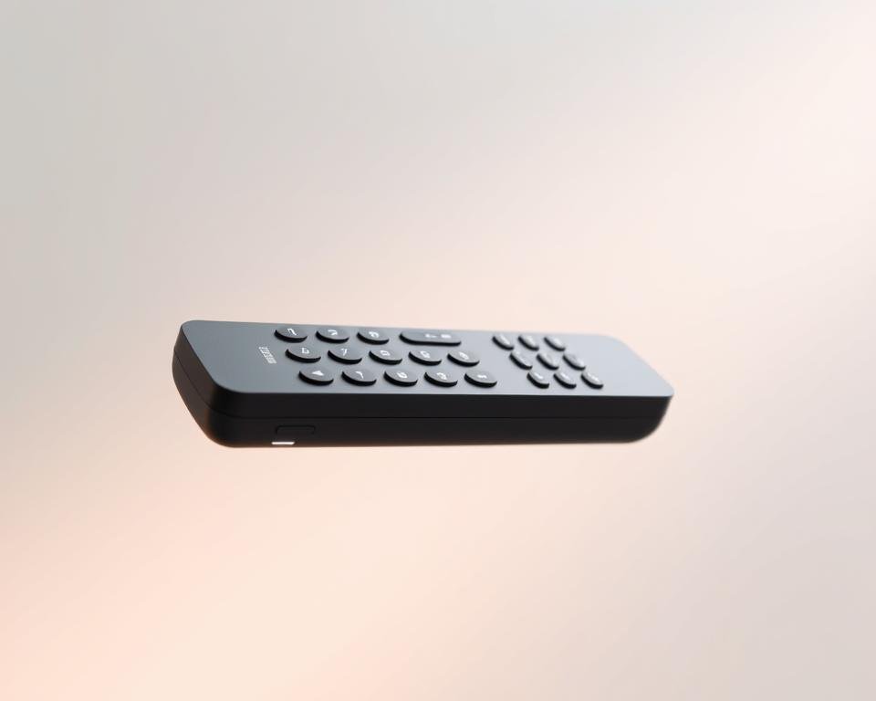 A sleek, modern-looking IPTV remote control floating against a softly blurred background. The remote has a minimalist design with clean lines and muted colors, suggesting a premium and high-tech aesthetic. The remote is shown in a three-quarter perspective, allowing for a clear view of its form and controls. The lighting is soft and directional, creating subtle shadows and highlights that accentuate the remote's shape and textures. The background is a subtle gradient, adding depth and a sense of elegance without distracting from the main subject. The overall mood is one of sophistication, showcasing the future potential of IPTV technology.