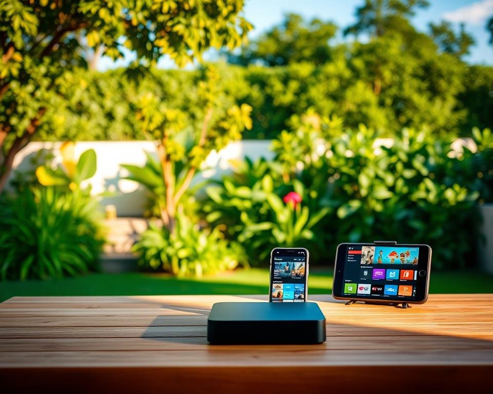 A tranquil outdoor scene, showcasing a variety of streaming devices and services. In the foreground, a sleek, modern smart TV and a high-tech streaming box sit atop a minimalist wooden table, casting soft shadows. In the middle ground, a smartphone and tablet display various IPTV app interfaces, their screens illuminated by warm, natural lighting. The background features a lush, verdant garden, with vibrant foliage and a calming, azure sky. The overall atmosphere is one of simplicity, efficiency, and the seamless integration of technology into everyday life.